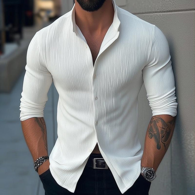 Men's Casual Shirt | Solid Color | Stand Collar | Long Sleeve | Cotton Polyester Blend | Versatile Wardrobe Essential | Sophisticated Style | Variety of Sizes | Easy Pairing | Comfortable & Trendy