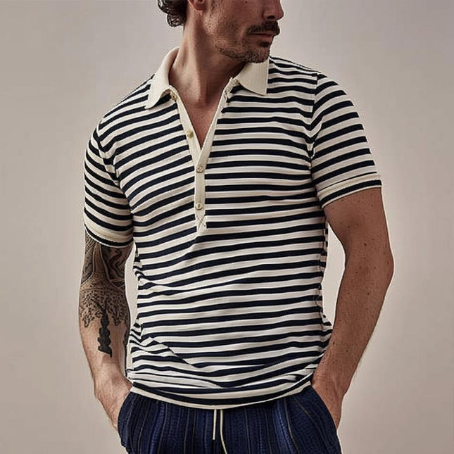 Men's Striped Polo Shirt | Lapel Collar | Short Sleeve | Premium Cotton Blend | Regular Fit | Classic Button Placket | Breathable & Soft | Casual & Semi-Formal Wear