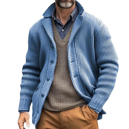 Men's Knit Cardigan | Solid Color | Lapel Collar | Single Breasted | Dual Side Pockets | Horn Buttons | High-Quality Knit Fabric | Tailored Fit | Warm and Comfortable | Light Blue | Outerwear