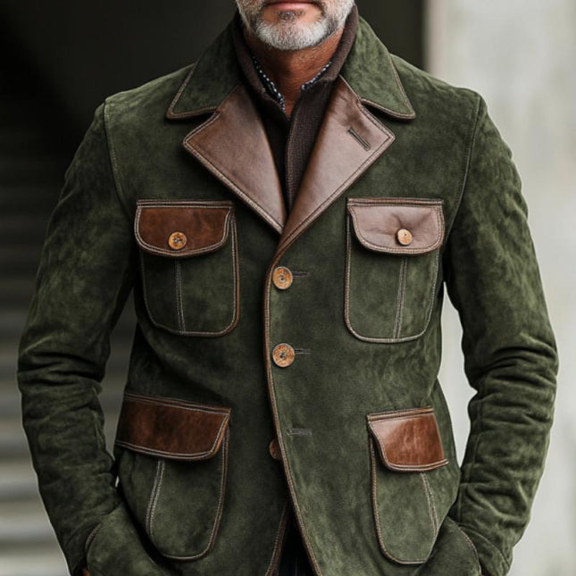 Men's Hip-Length Notched Lapel Blazer | Vintage Suede and Leather | Multi-Pocket | Single-Breasted | Solid Color | Long Sleeves | Regular Fit | Smart-Casual to Semi-Formal | Ideal for Fall and Winter