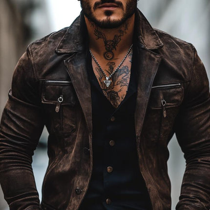 Men's Vintage Suede Jacket | Distressed Finish | Lapel Collar | Single Breasted | Chest Pocket | Long Sleeve | Button Cuffs | Stylish Outerwear | Fashionable Casual Wear