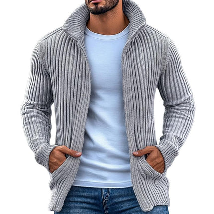 Men's Knit Cardigan | Stand Collar | Solid Color with Striped Details | Long Sleeve | Button-Down Front | Ribbed Cuffs & Hem | Sizes S-3XL | Fashionable Outwear for Casual or Smart-Casual Wear