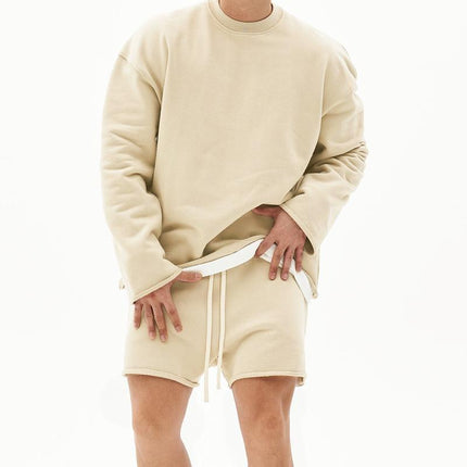 Men's Casual Loose Fit Sweatshirt & Shorts Set | Solid Color | Cotton Pullover | Autumn Winter Spring | Mid Waist | Short Pants | Long Sleeve