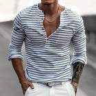 Men's Cotton Blend Long Sleeve Henley Striped T-Shirt | Casual Versatile Top | Sizes S-XXXL | Durable Soft Breathable | Adjustable Four-Button Placket | Machine Washable | Year-Round Wear