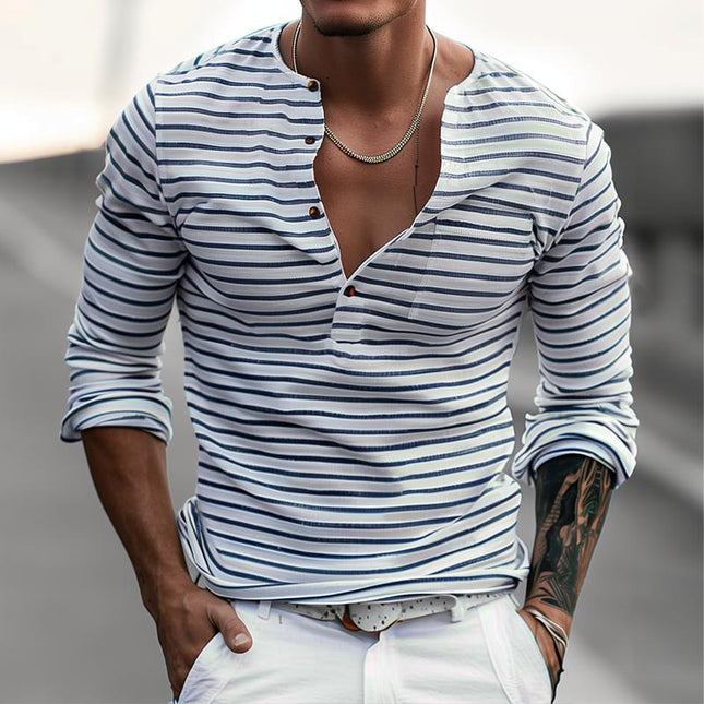 Men's Cotton Blend Long Sleeve Henley Striped T-Shirt | Casual Versatile Top | Sizes S-XXXL | Durable Soft Breathable | Adjustable Four-Button Placket | Machine Washable | Year-Round Wear