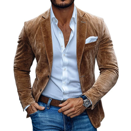 Men's Suede Blazer | Notch Lapel | Two Button Closure | Solid Color | Casual Outerwear | Elegant Long Sleeve | Regular Fit | Soft Textured Fabric | Timeless Design | Available in Multiple Sizes