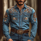 Men's Western Style Denim Shirt | Embroidered Lapel | Long Sleeve | Chest Pocket | Cowboy Aesthetic | Durable Casual Wear | Buttoned Cuffs | Versatile Fashion | Blue Denim | Classic Western Charm