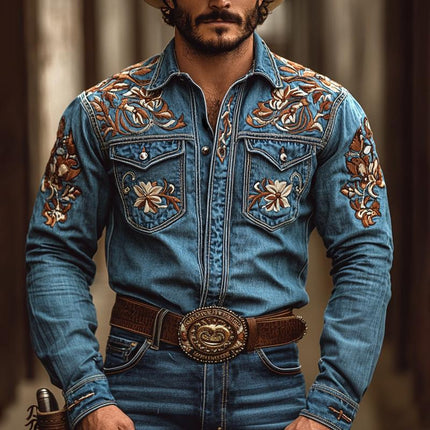 Men's Western Style Denim Shirt | Embroidered Lapel | Long Sleeve | Chest Pocket | Cowboy Aesthetic | Durable Casual Wear | Buttoned Cuffs | Versatile Fashion | Blue Denim | Classic Western Charm