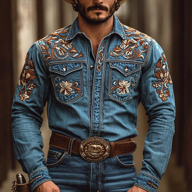 Men's Western Style Denim Shirt | Embroidered Lapel | Long Sleeve | Chest Pocket | Cowboy Aesthetic | Durable Casual Wear | Buttoned Cuffs | Versatile Fashion | Blue Denim | Classic Western Charm