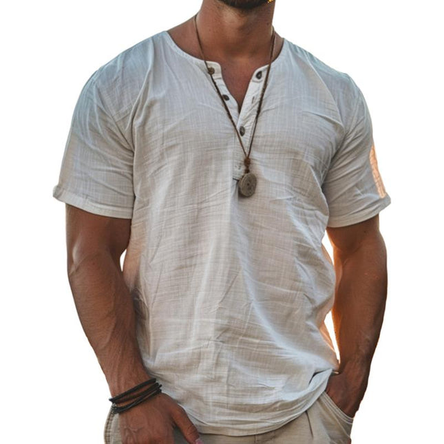 Men's Henley T-Shirt | Short Sleeve | Cotton Linen Blend | Breathable Lightweight Fabric | Classic Style for Casual and Semi-Casual Wear | Button Placket | Easy Care
