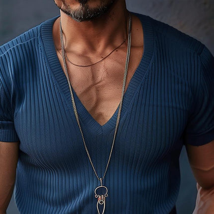 Men's V Neck Short Sleeve Knit T-Shirt | Solid Color | Soft Stretchy Fabric | Casual Comfort | Stylish Everyday Wear