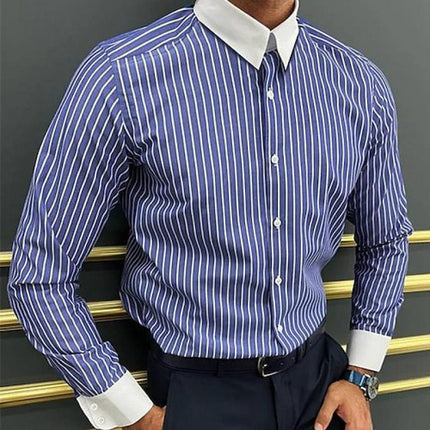 Men's Long Sleeve Striped Colorblock Shirt | Lapel Collar | Buttoned Cuffs | Casual Wear | Classic Style | Comfortable Fabric | Versatile Outfit