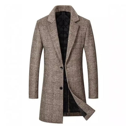Men's Woolen Coat | Mid-length Plaid Design | Lapel Collar | Winter Outerwear | Warm and Stylish | Premium Fabric | Versatile Wardrobe Staple | Long Sleeve | Classic Elegant Look