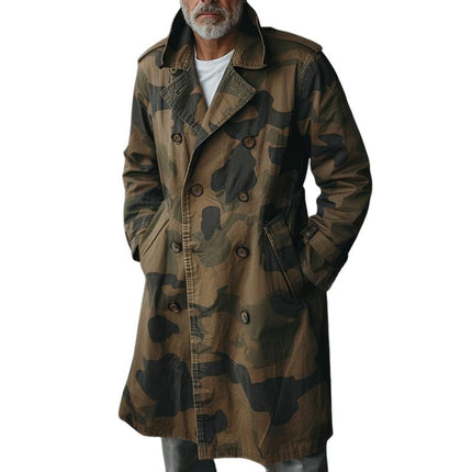 Men's Camouflage Trench Coat | Lapel Collar | Double Breasted | Mid-Length | Cargo Pockets | Durable Fabric | Long Sleeves | Adjustable Cuffs | Sizes S-XXXL