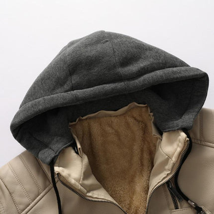 Men's Hooded Leather Jacket | Vintage Look | Fleece Lined | Slim Fit | Warm Casual Outerwear | Zip-Up Closure | Durable Leather | Wind-Resistant | Multiple Pockets | Versatile Style