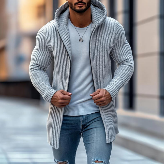 Men's Fashion Hooded Long Sleeve Knit Cardigan | Solid Striped Design | Mid-Length Casual Outerwear | Soft Cozy Fabric | Open Front | Versatile Layering | Sizes S to 3XL | Comfortable Relaxed Fit