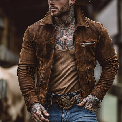 Men's Suede Jacket | Regular Fit | Long Sleeve | Lapel Collar | Solid Color | Zipper Closure | Zippered Chest Pocket | Fall & Spring Outerwear