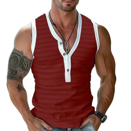 Men's Slim Fit Tank Top | Striped Henley Collar | Sleeveless Cotton Blend | Casual Versatile Design | Light Comfortable Breathable | Durable Well-Made | Easy Care | Range of Sizes Available