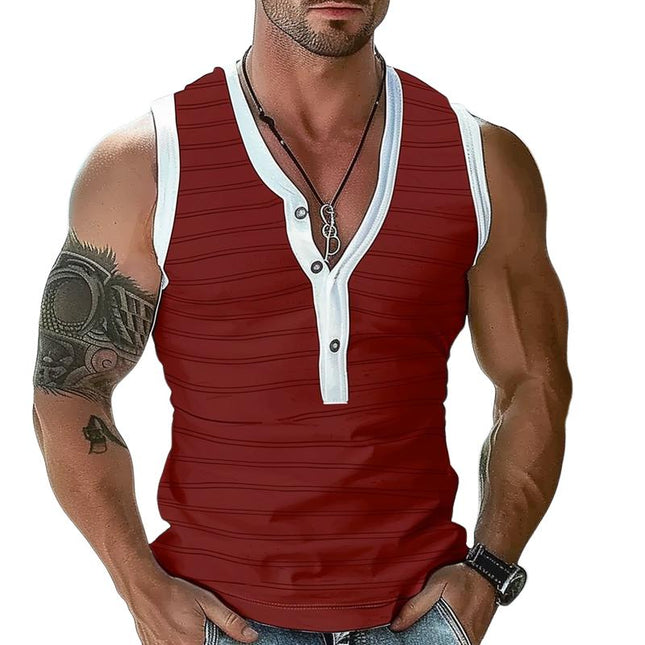 Men's Slim Fit Tank Top | Striped Henley Collar | Sleeveless Cotton Blend | Casual Versatile Design | Light Comfortable Breathable | Durable Well-Made | Easy Care | Range of Sizes Available
