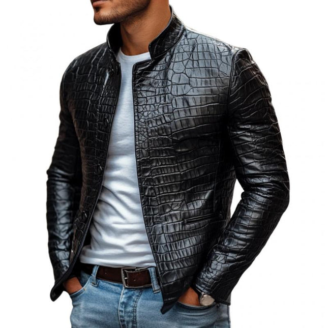 Men's Luxury Crocodile Leather Jacket | Stand Collar | Single Breasted | Slim Fit | Genuine Leather Outerwear | Versatile Styling | Durable | Elegant Design | Modern Men's Fashion