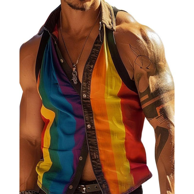 Men's Sleeveless Shirt | Rainbow Striped Patchwork | Lapel Collar | Slim Fit | Casual Wear | High-Quality Fabric | Perfect for Spring and Summer | Versatile Fashion Statement
