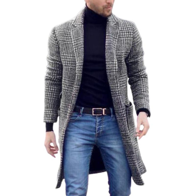 Men's Mid-length Woolen Coat | Plaid Pattern | Black White | Stand Collar | Long Sleeve | Tailored Fit | Polyester | Fall Winter Fashion