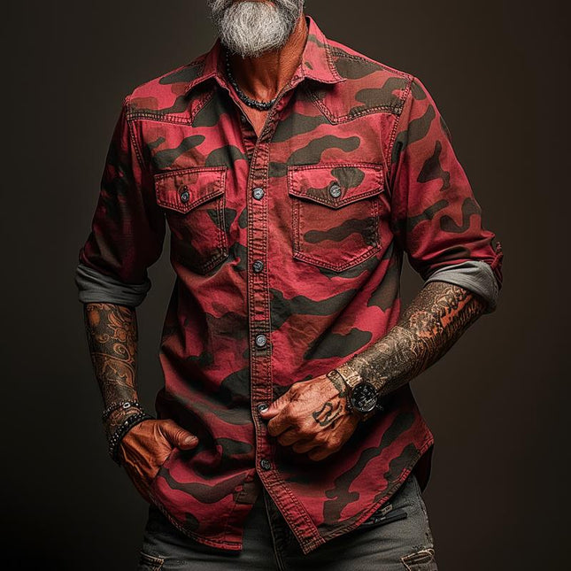Men's Camouflage Print Cargo Shirt | Classic Lapel Collar | Long Sleeves with Buttoned Cuffs | Durable Cotton Blend | Regular Fit | Chest and Cargo Pockets | Front Button Closure | Sizes S-XXXL