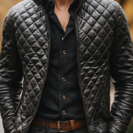 Men's Quilted Leather Jacket | Genuine Leather | Casual Outerwear | Black | Stand Collar | Long Sleeve | Modern Style | Versatile Fit | Warm and Durable | Timeless Appeal