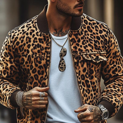 Men's Leopard Print Bomber Jacket | Vintage Style | Chest Pocket Detail | Premium Fabric | Ribbed Cuffs | Stand-Up Collar | Retro Charm | Versatile Fashion | Bold Outerwear