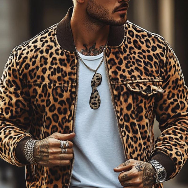 Men's Leopard Print Bomber Jacket | Vintage Style | Chest Pocket Detail | Premium Fabric | Ribbed Cuffs | Stand-Up Collar | Retro Charm | Versatile Fashion | Bold Outerwear