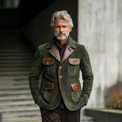 Men's Hip-Length Notched Lapel Blazer | Vintage Suede and Leather | Multi-Pocket | Single-Breasted | Solid Color | Long Sleeves | Regular Fit | Smart-Casual to Semi-Formal | Ideal for Fall and Winter