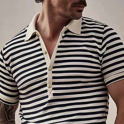 Men's Striped Polo Shirt | Lapel Collar | Short Sleeve | Premium Cotton Blend | Regular Fit | Classic Button Placket | Breathable & Soft | Casual & Semi-Formal Wear
