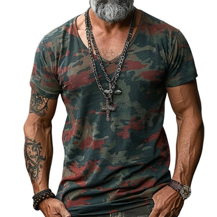 Men's Camouflage Print V-Neck T-Shirt | Regular Fit Short Sleeve | Cotton Polyester Blend | Trendy Outdoor Casual Wear | Pair with Jeans or Shorts | Machine Washable | Spring Summer Fashion
