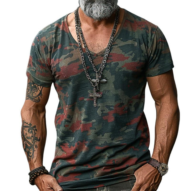 Men's Camouflage Print V-Neck T-Shirt | Regular Fit Short Sleeve | Cotton Polyester Blend | Trendy Outdoor Casual Wear | Pair with Jeans or Shorts | Machine Washable | Spring Summer Fashion