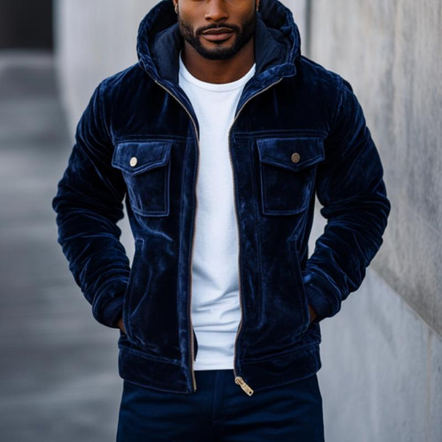 Men's Vintage Velvet Hooded Jacket | Multi-Pocket Slim Fit | Zip-Up | Soft Luxurious Fabric | Casual Outerwear | Lightweight & Stylish | Retro Modern Design