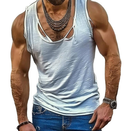 Men's Cotton Blend Tank Top | Washed Vintage Look | Hole Detailing | Sleeveless | Breathable Fabric | Durable Construction | Casual Wear | Variety of Sizes and Colors