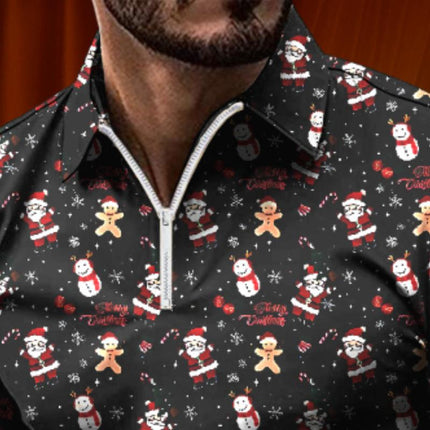 Men's Long Sleeve Polo Shirt | Retro Christmas Floral Print | Lapel Collar | Blended Fabric | Regular Fit | All Season Apparel | Multiple Sizes Available