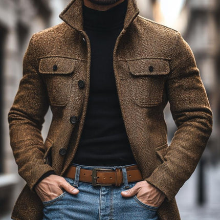 Men's Vintage Herringbone Mid-Length Coat | Multi-Pocket Design | Classic Lapel Collar | Single-Breasted Button Closure | Warm Textured Fabric | Versatile Outerwear for Cool Weather