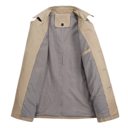 Men's Mid-Length Trench Coat | Classic Lapel Design | Tailored Silhouette | Full-Length Sleeves | Buttoned Cuffs | High-Quality Fabric | Elegant & Versatile | Cozy Insulation | Neutral Colors | Regular Fit