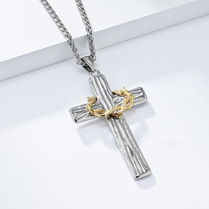 Vintage Wreath Cross Pendant Necklace | Casual Thorn Design | Unisex Jewelry Accessory | Antique Style Charm | Statement Necklace