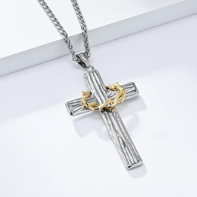 Vintage Wreath Cross Pendant Necklace | Casual Thorn Design | Unisex Jewelry Accessory | Antique Style Charm | Statement Necklace