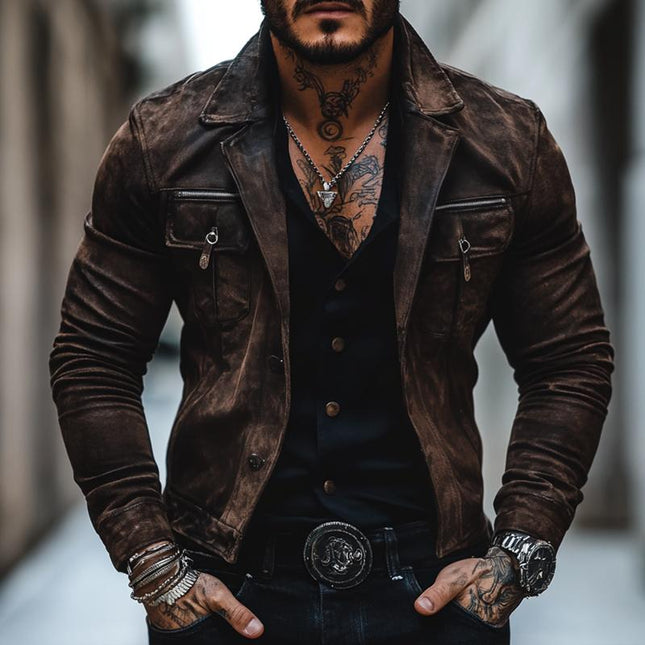 Men's Vintage Suede Jacket | Distressed Finish | Lapel Collar | Single Breasted | Chest Pocket | Long Sleeve | Button Cuffs | Stylish Outerwear | Fashionable Casual Wear