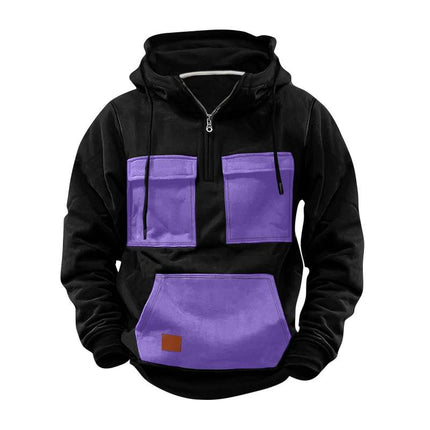 Men's Colorblock Design Half Zip Hoodie | Front Pocket | Casual Sportswear | Soft Cotton Blend | Breathable and Durable | Regular Fit | Long Sleeves with Ribbed Cuffs | Modern Stand Collar | Adjustable Ventilation