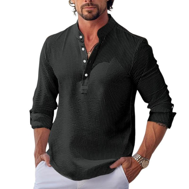 Men's Waffle Knit Shirt | Stand Collar | Rolled Long Sleeves | Casual & Semi-Formal | Solid Color | Soft & Breathable Fabric | Regular Fit | Versatile & Stylish | Easy Maintenance | Perfect for All Seasons
