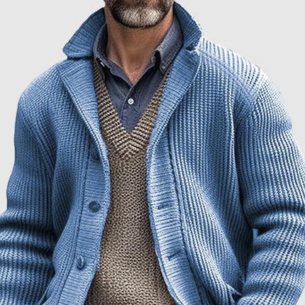 Men's Knit Cardigan | Solid Color | Lapel Collar | Single Breasted | Dual Side Pockets | Horn Buttons | High-Quality Knit Fabric | Tailored Fit | Warm and Comfortable | Light Blue | Outerwear