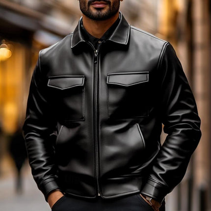 Men's Premium Vintage Leather Jacket | Lapel Collar | Long Sleeve | Double Chest Pockets | Genuine Leather | Solid Color with Distressing | Hip-Length | Regular Fit | Perfect for Fall, Winter, and Spring