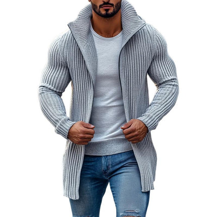 Men's Mid-Length Knit Cardigan | Stand Collar | Solid Striped Design | Button-Up Front | Long Sleeves | Ribbed Cuffs | Regular Fit | S-3XL Sizes | Premium Knit Fabric | Casual & Office Wear | Outerwear Sweater