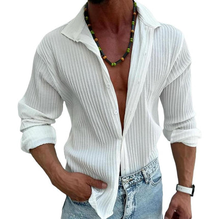 Men's Long Sleeve Casual Shirt | Solid Color | Subtle Stripes | Lapel Collar | Cotton Blend | Regular Fit | Versatile Style | Multiple Sizes | Comfortable Wear