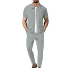 Men's Casual Two-Piece Outfit | Waffle Knit Set | Short Sleeve Shirt & Pants | Solid Color | Elastic Waist | Breathable Fabric | Side Pockets | Comfortable Loungewear | Ideal for Travel & Everyday Wear