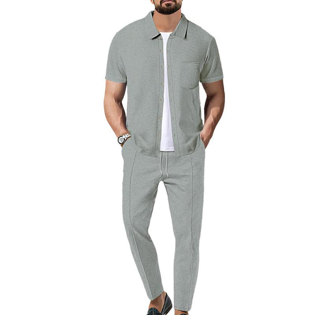 Men's Casual Two-Piece Outfit | Waffle Knit Set | Short Sleeve Shirt & Pants | Solid Color | Elastic Waist | Breathable Fabric | Side Pockets | Comfortable Loungewear | Ideal for Travel & Everyday Wear